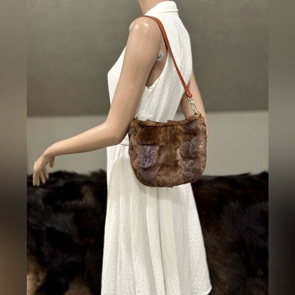 Natural Brown Handmade Real Mink Fur Half Moon Shoulder Bag/Crossbody - Picture 2 of 16